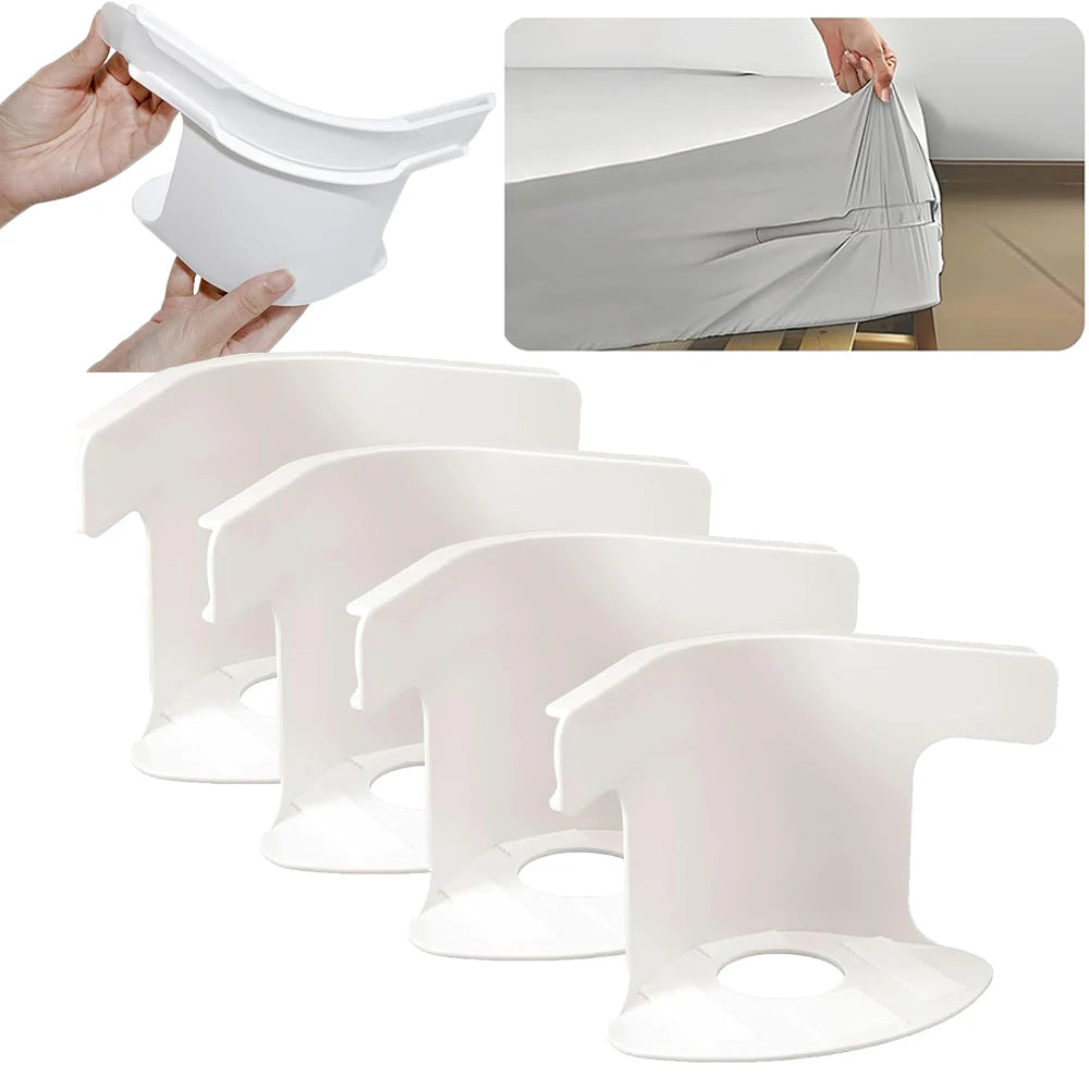 White invisible bedsheet corner tightener clips shown in use and as separate pieces