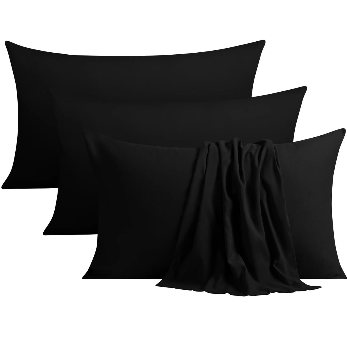 A set of four black microfiber pillow covers stacked together.