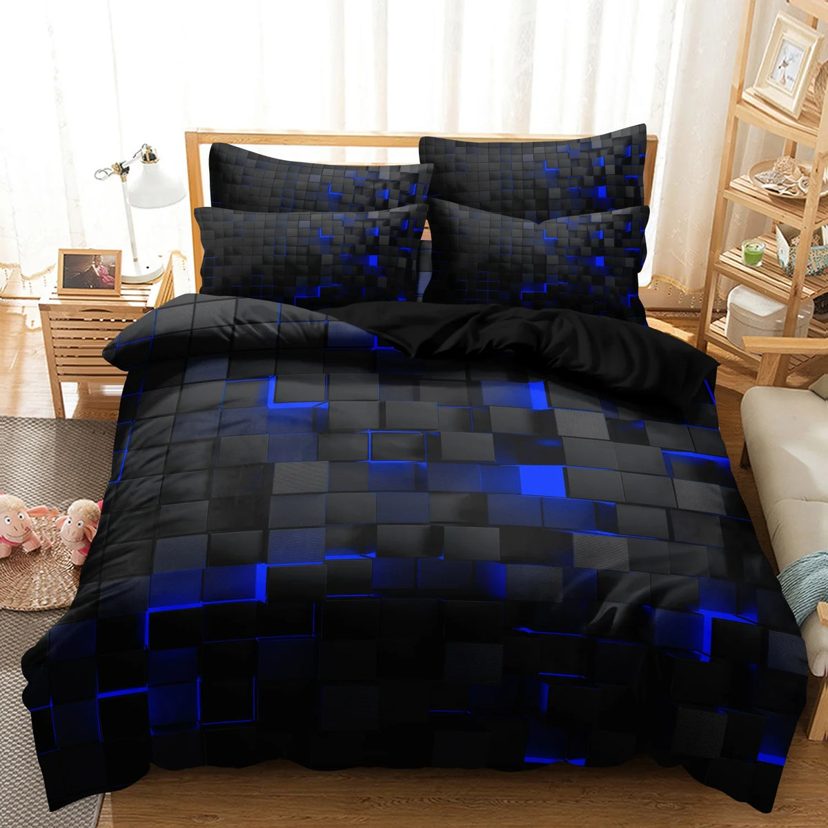 A black and blue geometric grid print duvet cover set displayed on a bed with matching pillows.