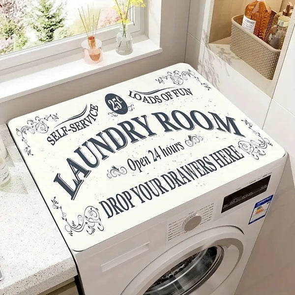 A white laundry room door with text encouraging self-service and inviting people to drop their drawers.