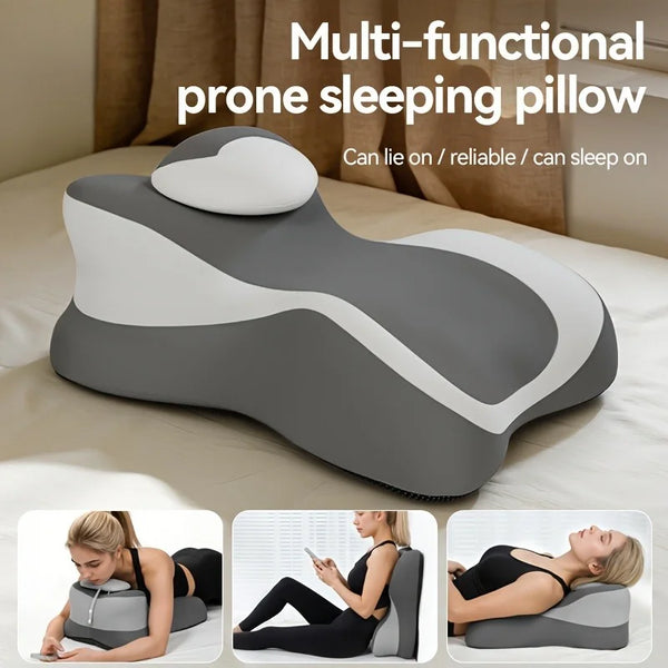 A multi-functional prone sleeping pillow shown in various angles demonstrating its use for neck and back support.