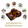 A playful cartoon flannel throw blanket shown with various uses including travel, picnic, camping, sofa, beach, and car blank