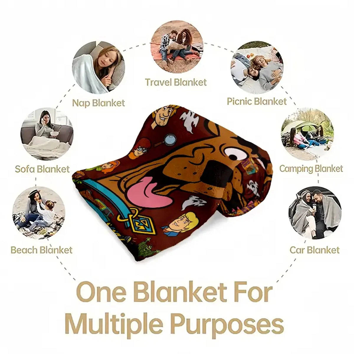A playful cartoon flannel throw blanket shown with various uses including travel, picnic, camping, sofa, beach, and car blank