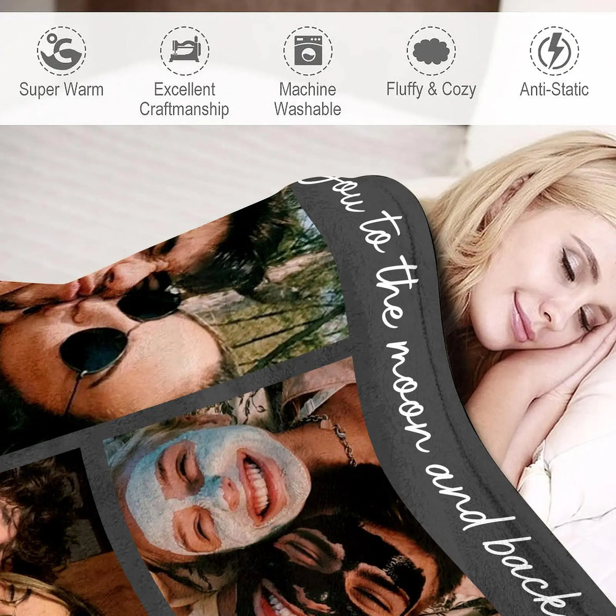 A woman is resting her head on a white blanket featuring photos of a couple.