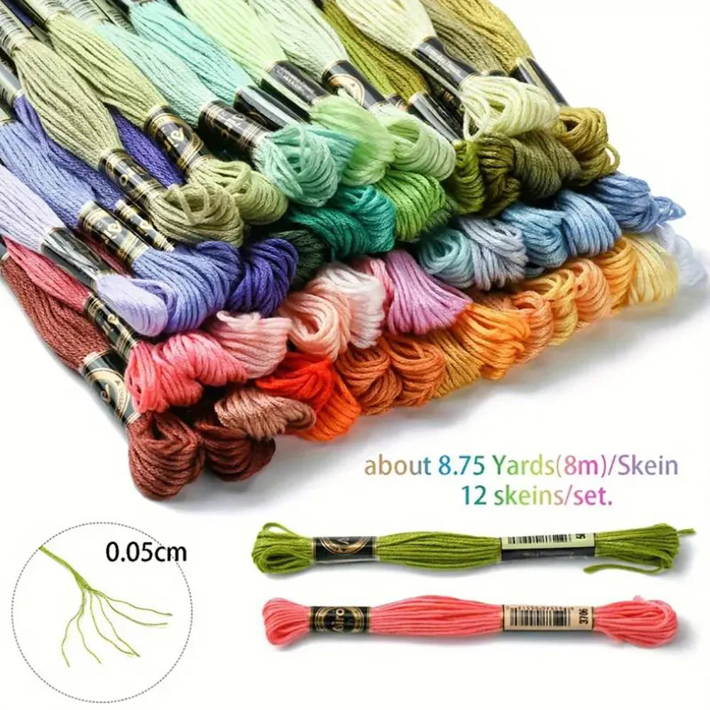 A bundle of 12 pack rainbow gradient embroidery floss threads in various shades and colors.