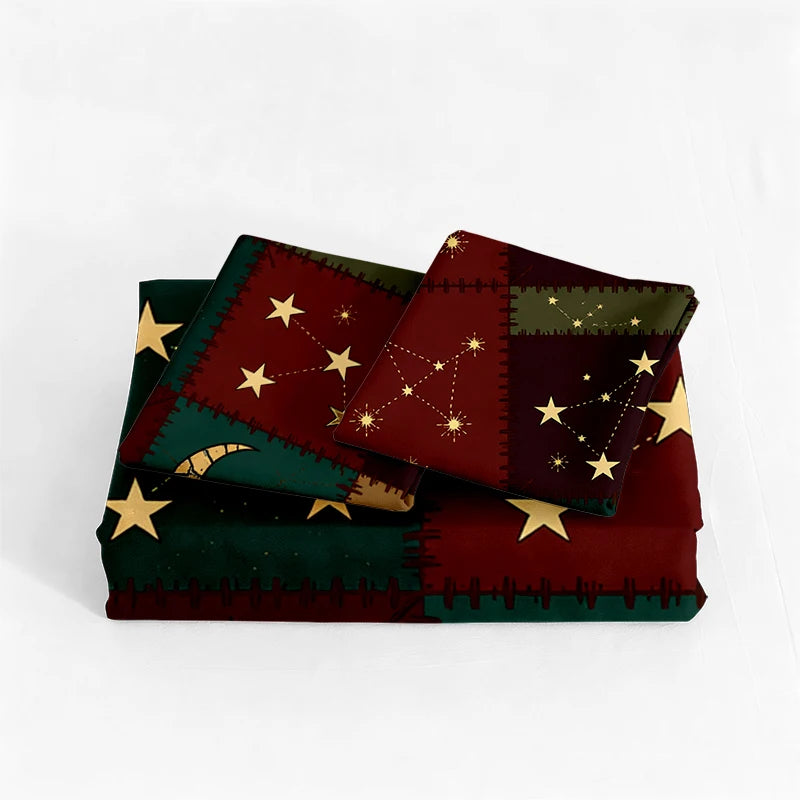 A three-piece patchwork bedding set featuring dark red and green fabric with gold star and crescent moon embroidery.
