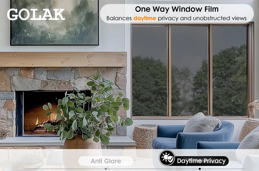 A window featuring a one-way privacy film balancing daytime privacy and unobstructed views.