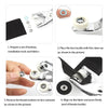Instructions showing how to prepare, place, align, and press a face buckle button kit for fabric and leather.