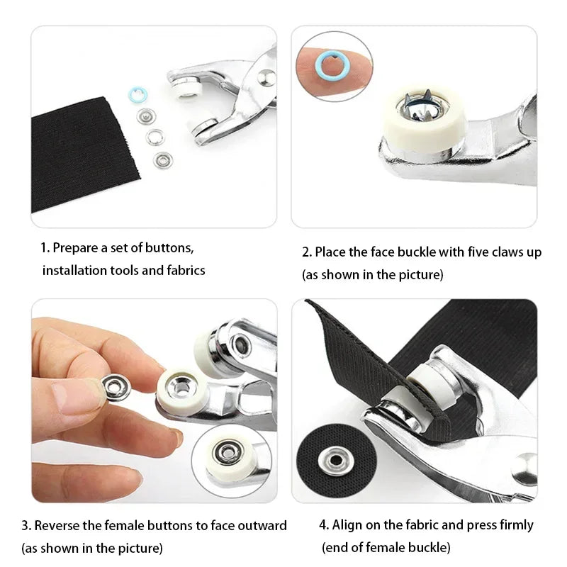 Instructions showing how to prepare, place, align, and press a face buckle button kit for fabric and leather.