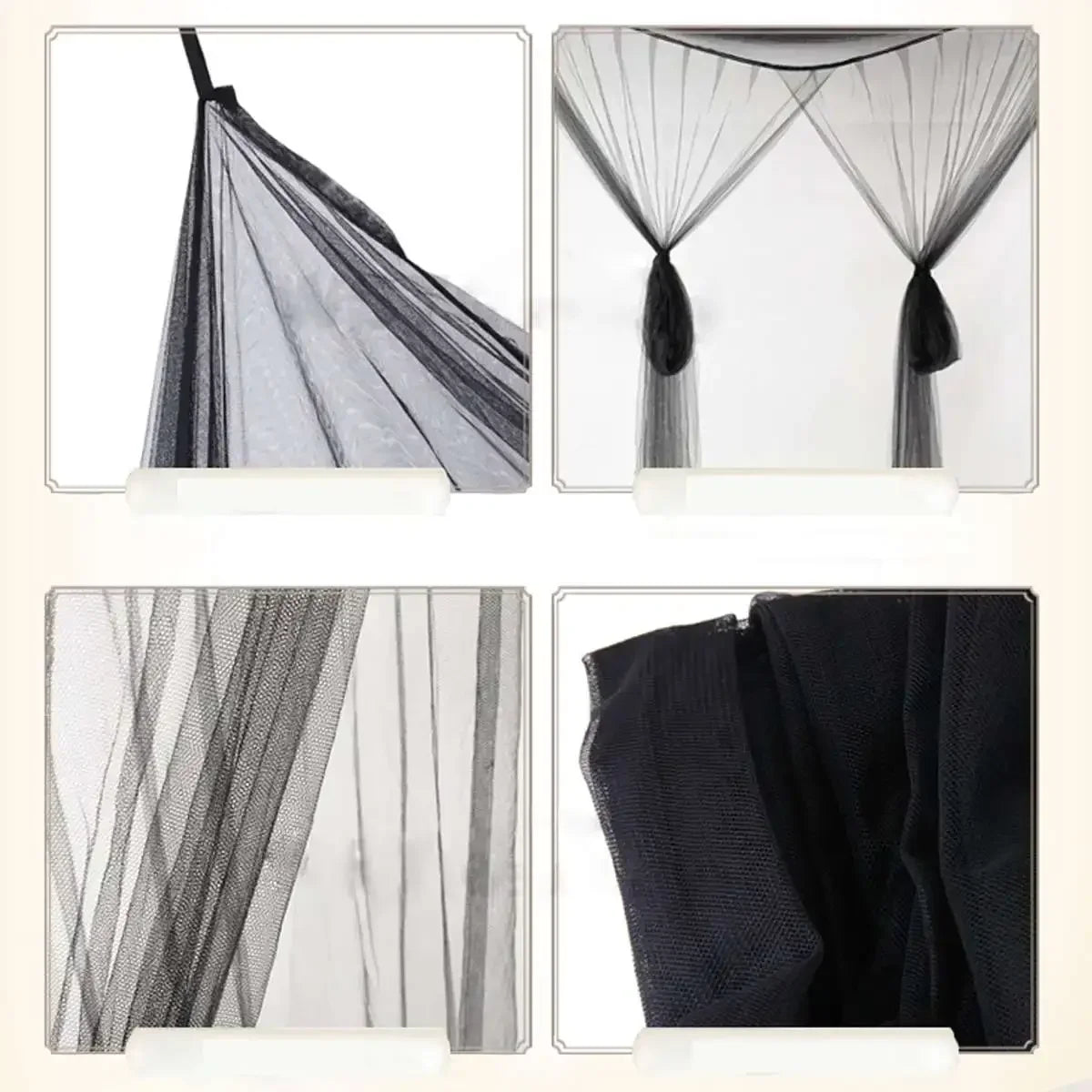 Elegant mosquito netting canopy for beds shown in various draped and gathered styles.