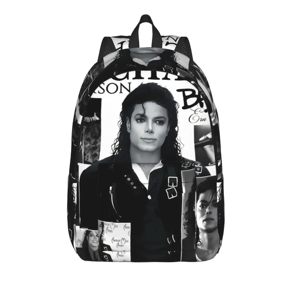 A black canvas backpack featuring a graphic print of a woman's face.