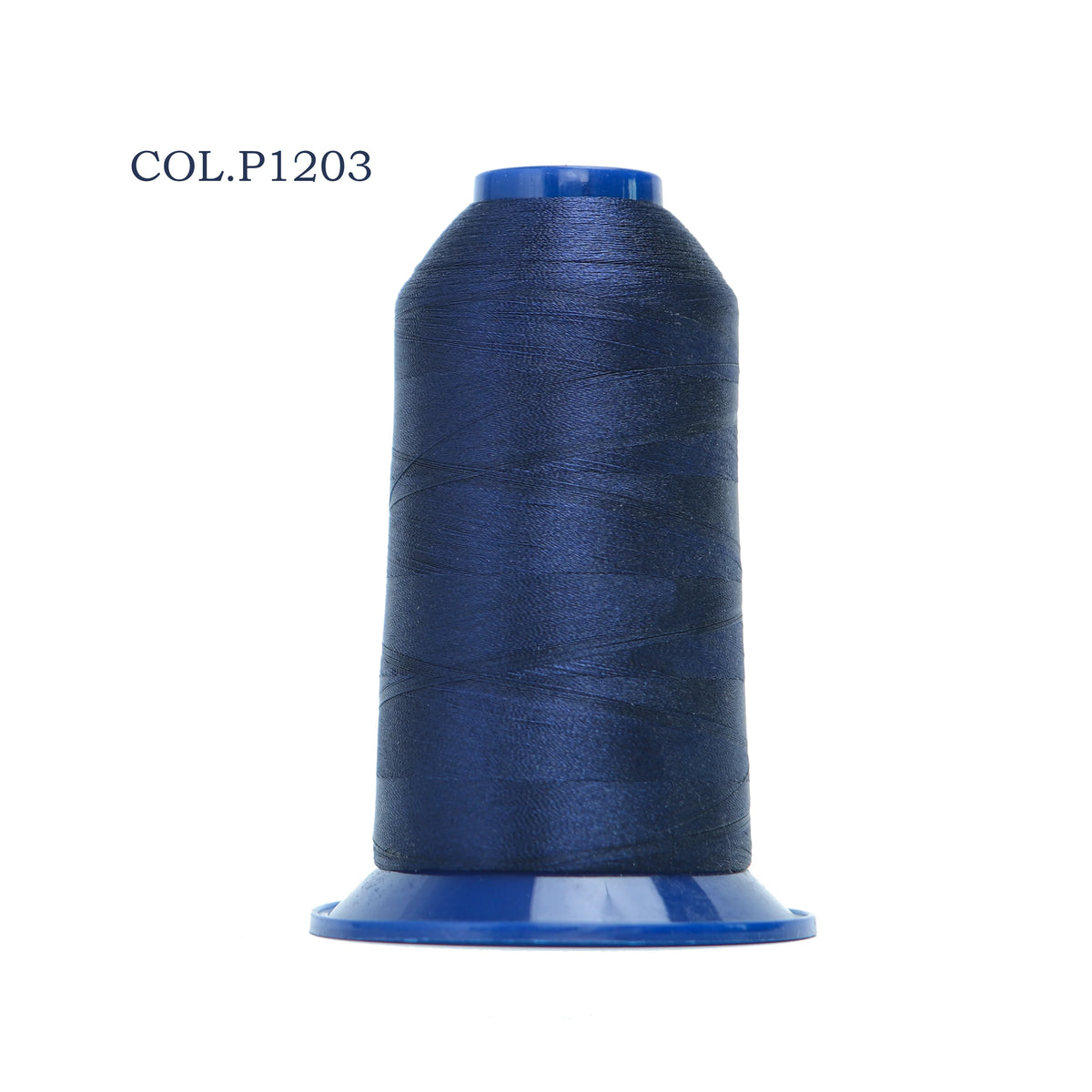 A spool of dark blue high tenacity polyester embroidery thread labeled COL.P1203.