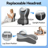 A gray headrest pillow is shown in upright and lay down positions for neck and back support.