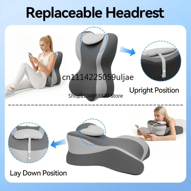A gray headrest pillow is shown in upright and lay down positions for neck and back support.