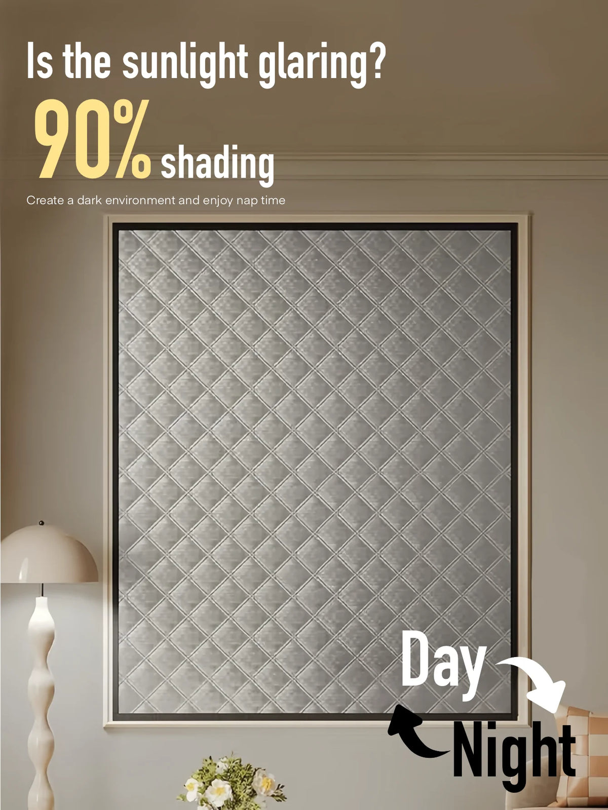 A close-up of a textured gray window film applied to a window, demonstrating 90% shading for a dark environment.
