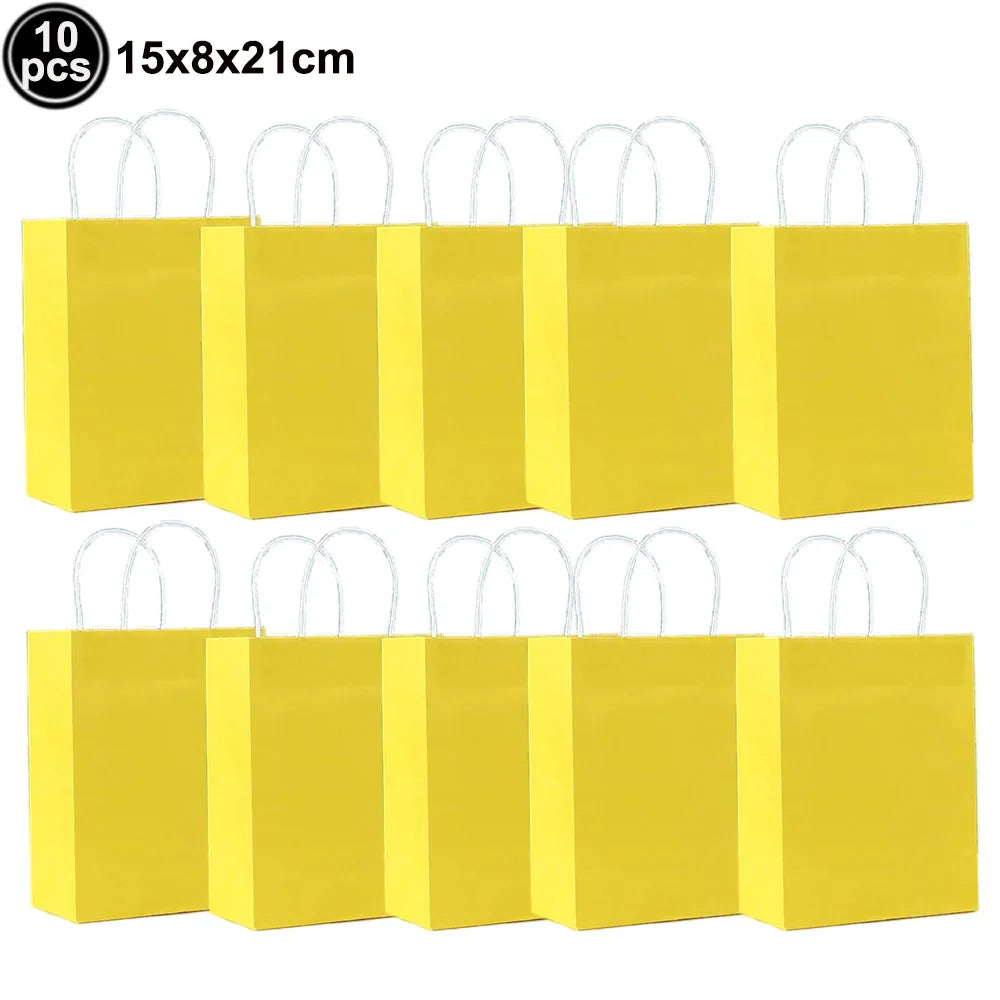Ten yellow rectangular cloth bags with handles are displayed in a row.