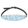 A light blue fabric head support pillow with cute animal designs and a black adjustable strap.