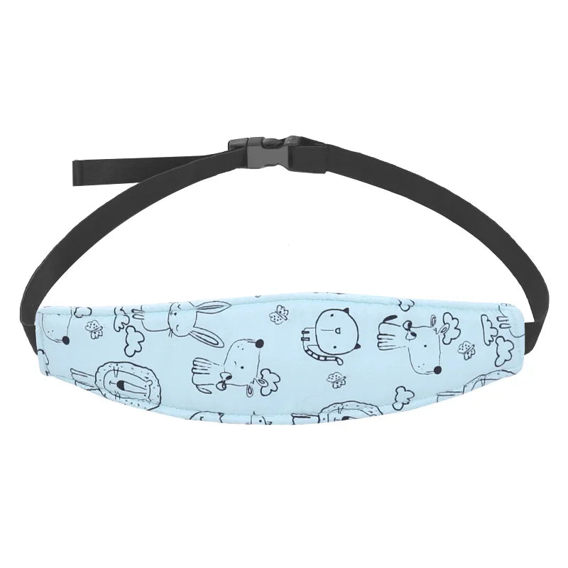 A light blue fabric head support pillow with cute animal designs and a black adjustable strap.