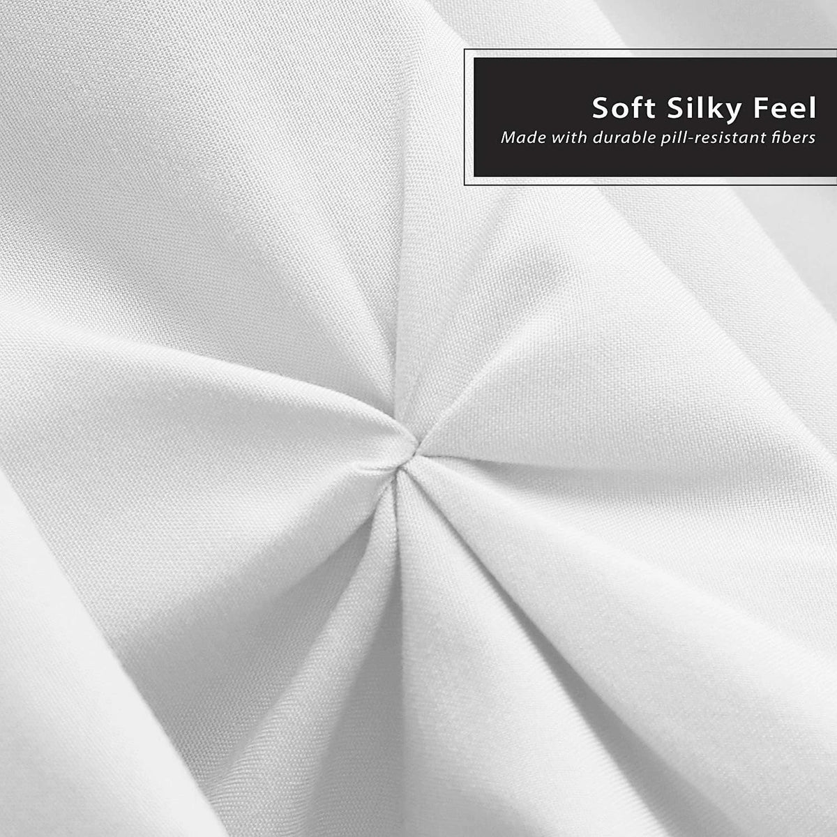 Close-up of white fabric showing a soft silky feel texture with text indicating durable pill-resistant fibers.