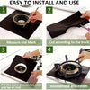 A four-step guide showing how to install and use a reusable aluminum stove burner protector mat.