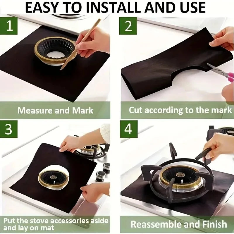 A four-step guide showing how to install and use a reusable aluminum stove burner protector mat.
