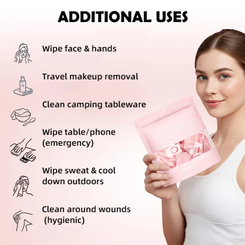 A woman holds a pink disposable compressed fiber face towel while various additional uses are listed.
