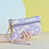 A hand holds a purple PU leather coin purse with a floral pattern against a yellow background.