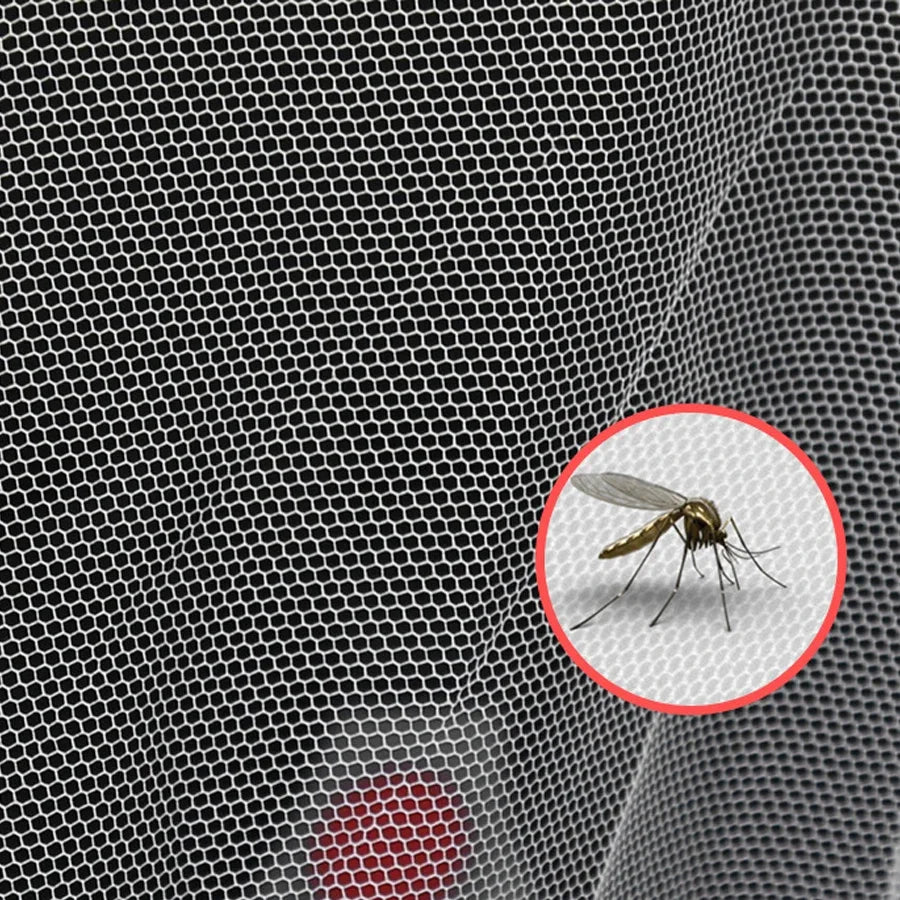 A close-up view of a mosquito inside a mesh netting, illustrating the protection offered by a universal mosquito net.
