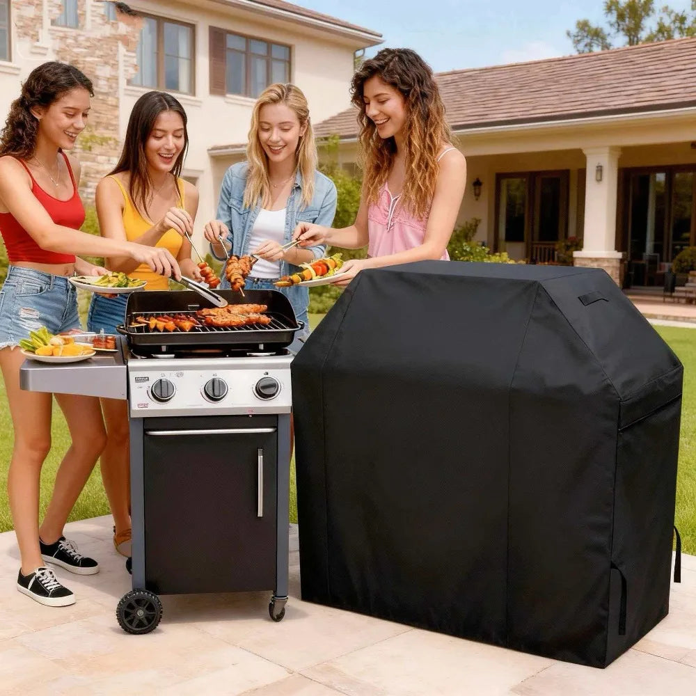 Five women are preparing food around a portable outdoor BBQ grill with a black cover.