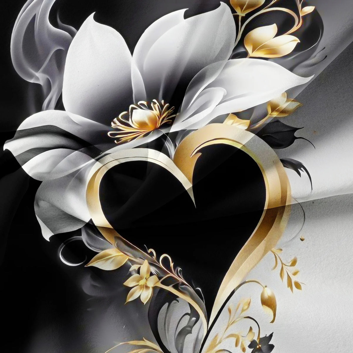 A black and white floral design featuring a heart shape outlined in gold scrollwork.