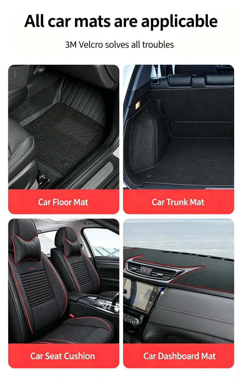 Various car mats, including floor mats, trunk mats, seat cushions, and dashboard mats, made with 3M Velcro.