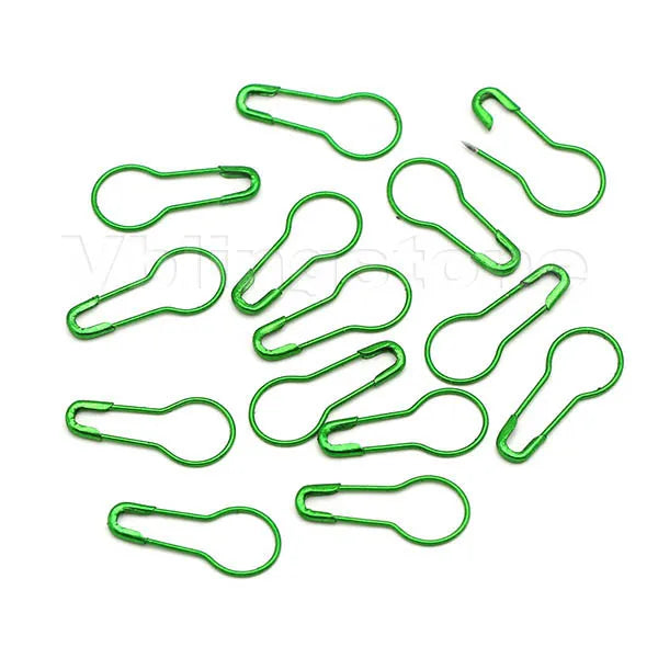 A collection of green gourd-shaped locking safety pins for knitting and sewing.