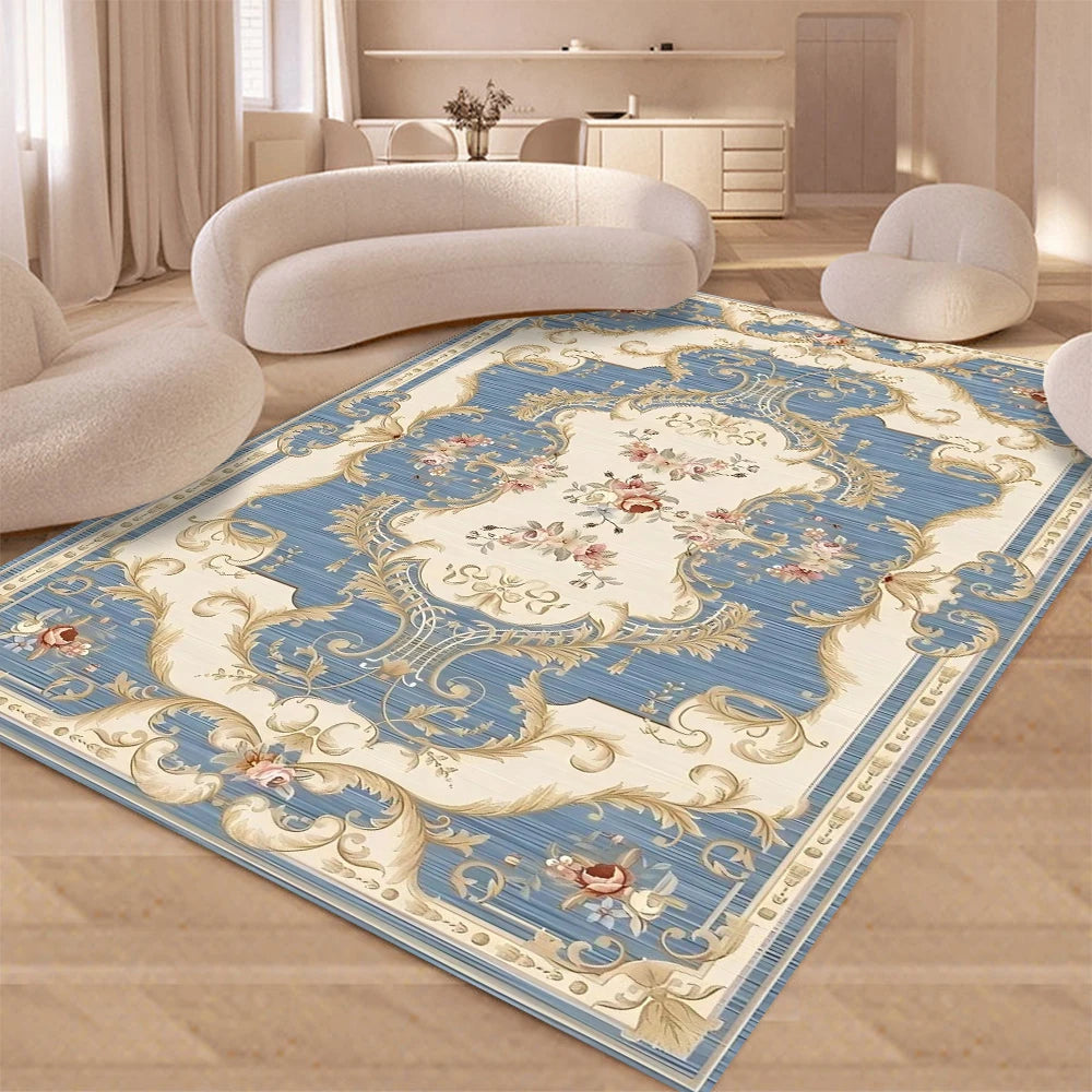 Elegant floral blue and cream patterned non-slip living room carpet on a wooden floor.