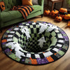 A round rug featuring a black and white checkerboard pattern with white ghost figures and orange accents.