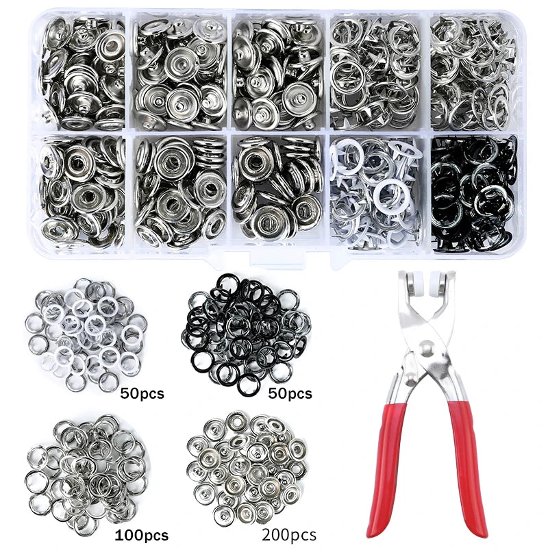 A collection of various metal snap fasteners and rings in clear plastic packaging.