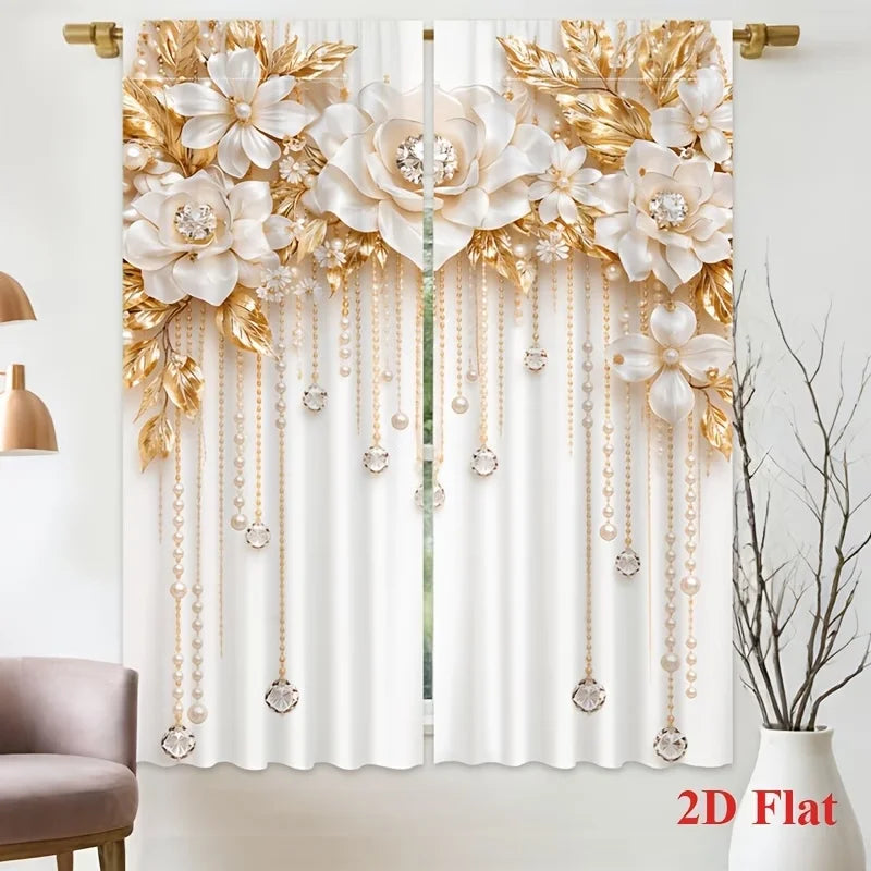 A pair of sheer white curtains decorated with gold floral prints and long pearl drop accents.