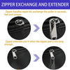 A set of zipper repair tools including a handle kit, puller, and extender for fixing zippers.