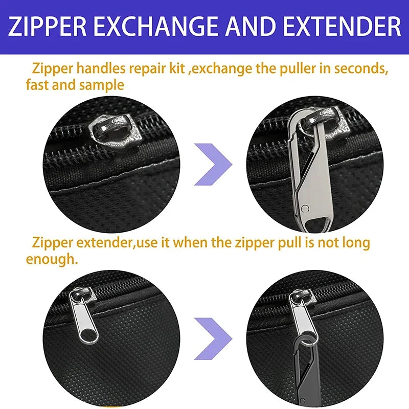 A set of zipper repair tools including a handle kit, puller, and extender for fixing zippers.