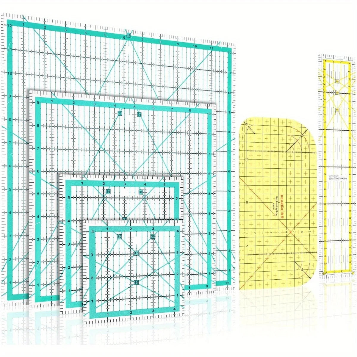 A set of four acrylic quilting rulers and an ironing ruler displayed on a grid background.