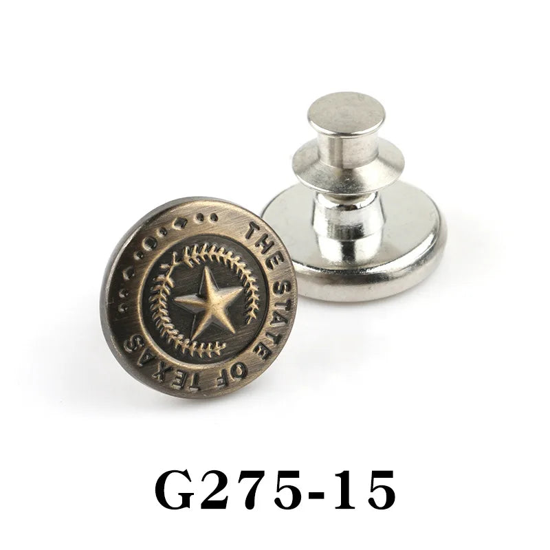 A silver button pin featuring a star design and the text The State of Texas.