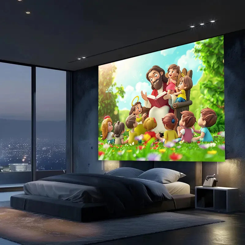A large screen displays a vibrant scene of religious characters, including Jesus and Mary, set against a lush green backgroun