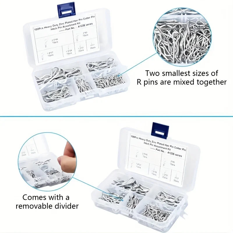 An assortment of galvanized steel cotter pins with R-clips is shown in a clear plastic box.