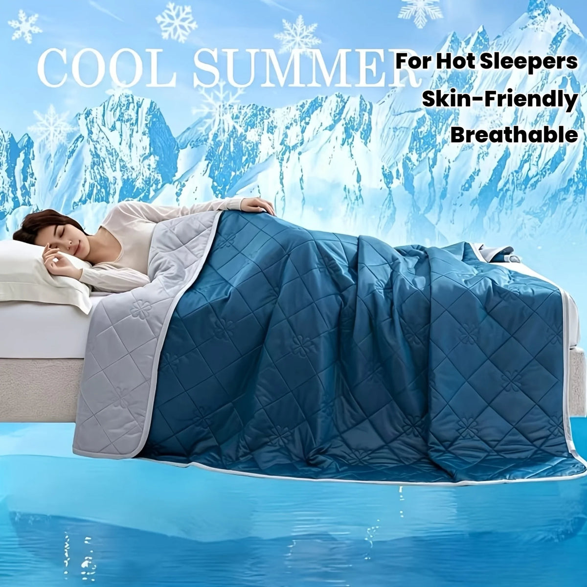 A blue quilted blanket is shown draped over a person sleeping, emphasizing its skin-friendly and breathable qualities for hot