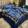 A royal blue bed skirt set with intricate gold lace edging and gathered fabric, displayed in a bedroom setting.