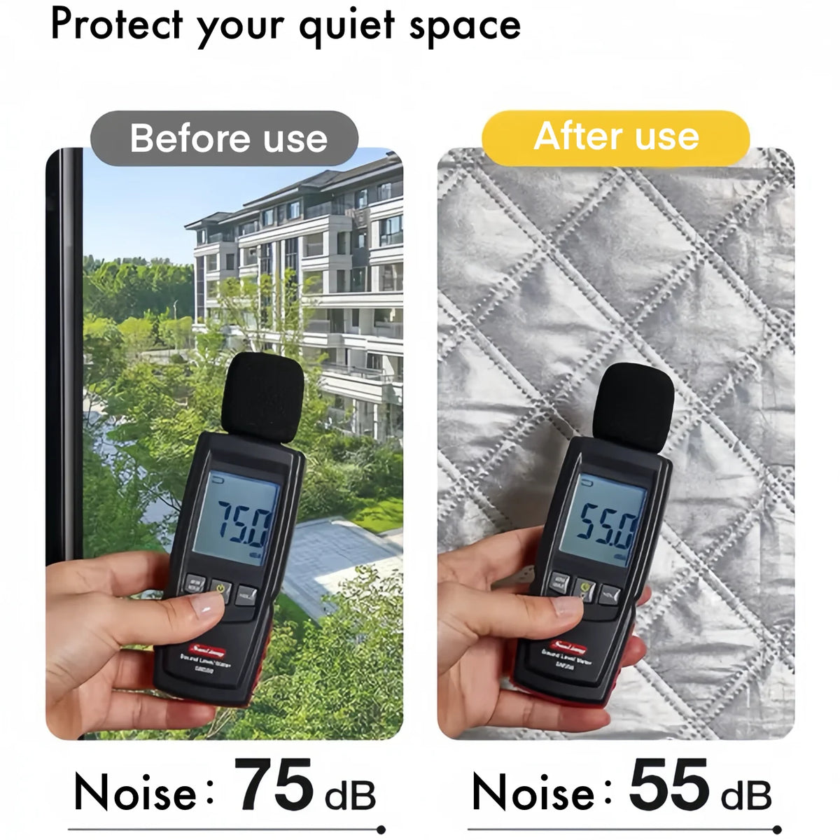 A hand holds a black thermal window film device showing noise reduction from 75 dB before use to 55 dB after use.