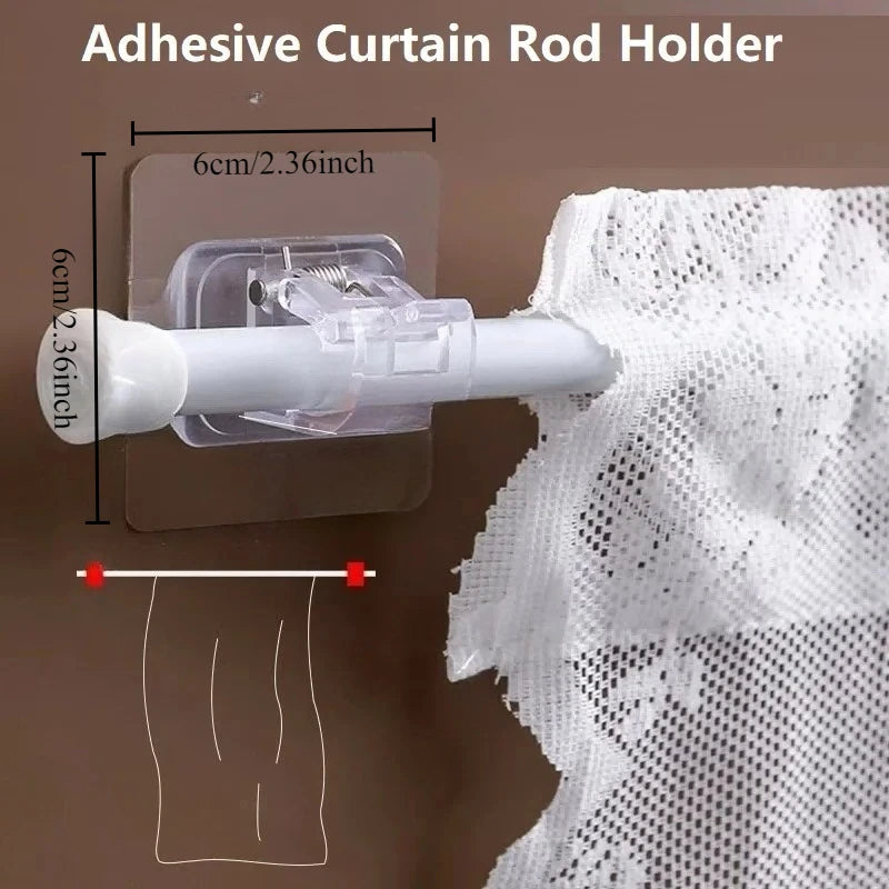 An adhesive curtain rod holder is shown mounted on a wall, with a white rod inserted and a piece of white lace fabric nearby.