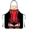 A black apron featuring a red corset design with lace details and a decorative bow.