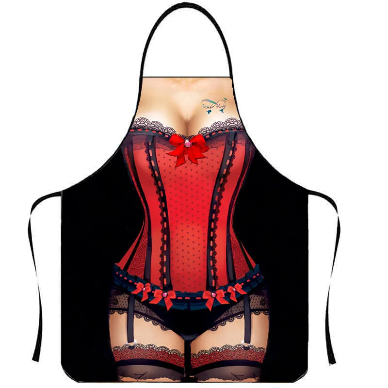A black apron featuring a red corset design with lace details and a decorative bow.