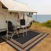 A black outdoor patio rug is placed on a grassy area next to a white RV under a canvas awning.