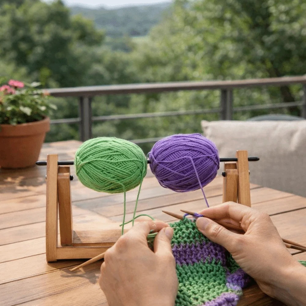 Hands are knitting a purple yarn on a wooden storage rack with green and purple balls of yarn nearby.